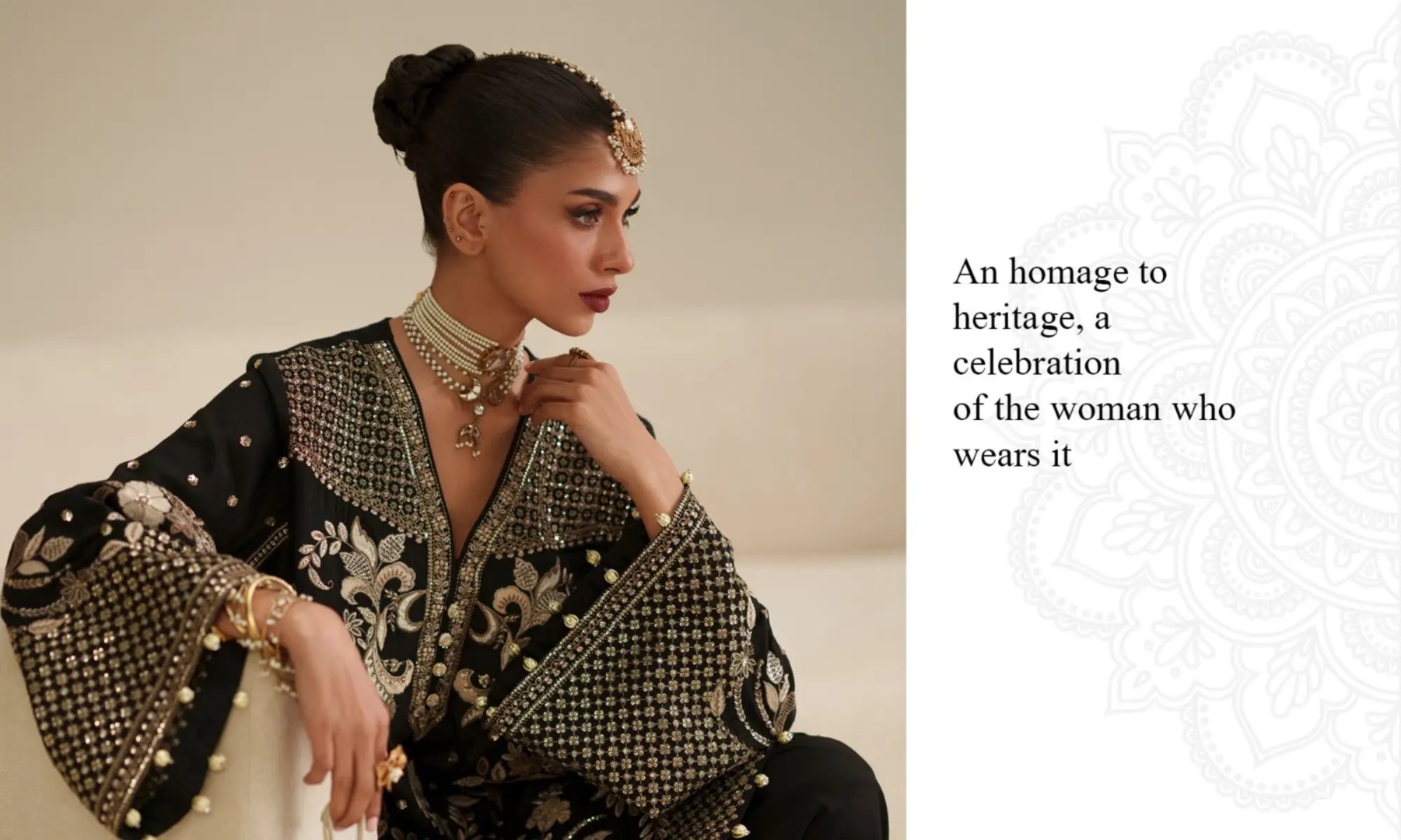 Woman wearing a traditional embellished outfit, a gold plated bindiya, a pearl choker with text on a beige background