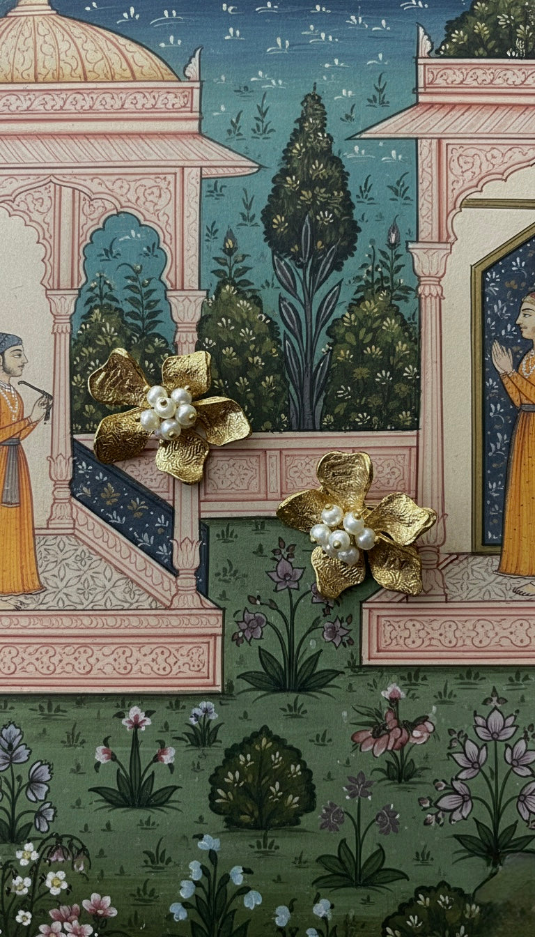 Decorative scene with gold flowers and architectural elements in a detailed style